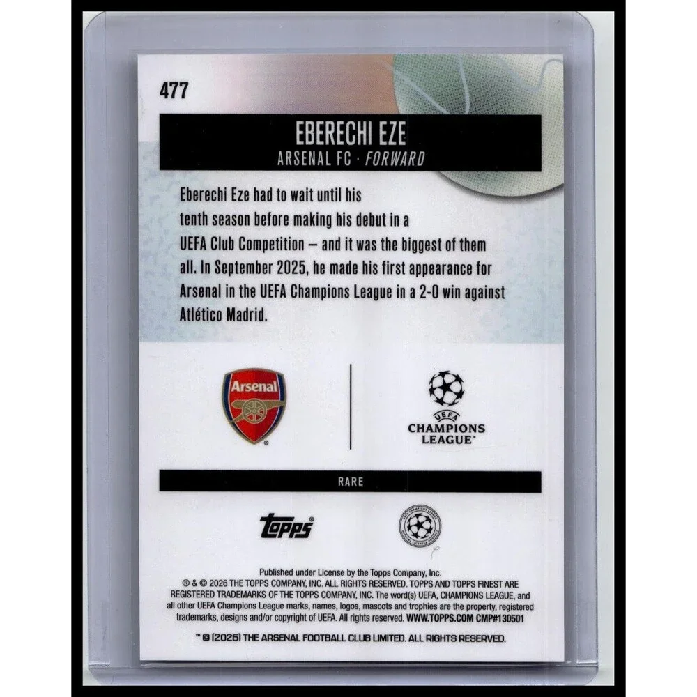 2025-26 Finest UEFA Eberechi Eze #477 Arsenal FC Orange Refractor #/15